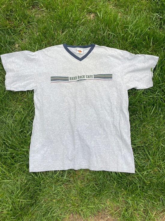 Vintage Other - 90’s Retro Oversized Contrast Collar V-Neck Logo Tee - Men’s XL